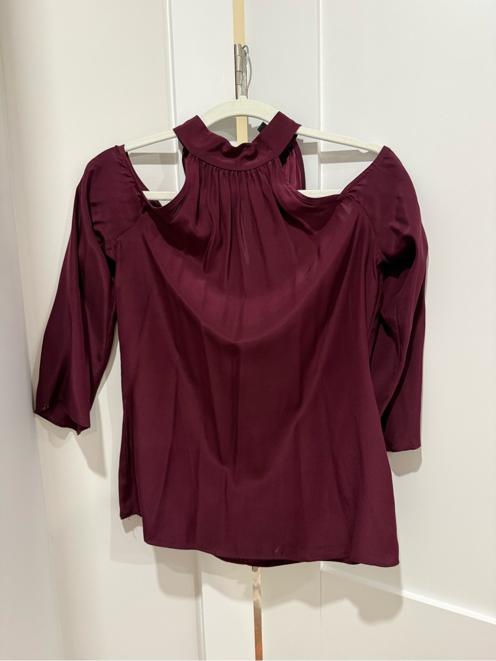 DREW Burgundy Cold-Shoulder Mock Neck Blouse